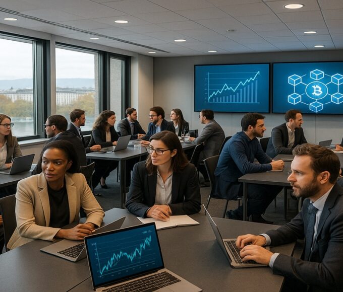 Participants au premier meet-up Ethereum à Genève en octobre 2025, avec ambiance professionnelle et discussions sur la blockchain