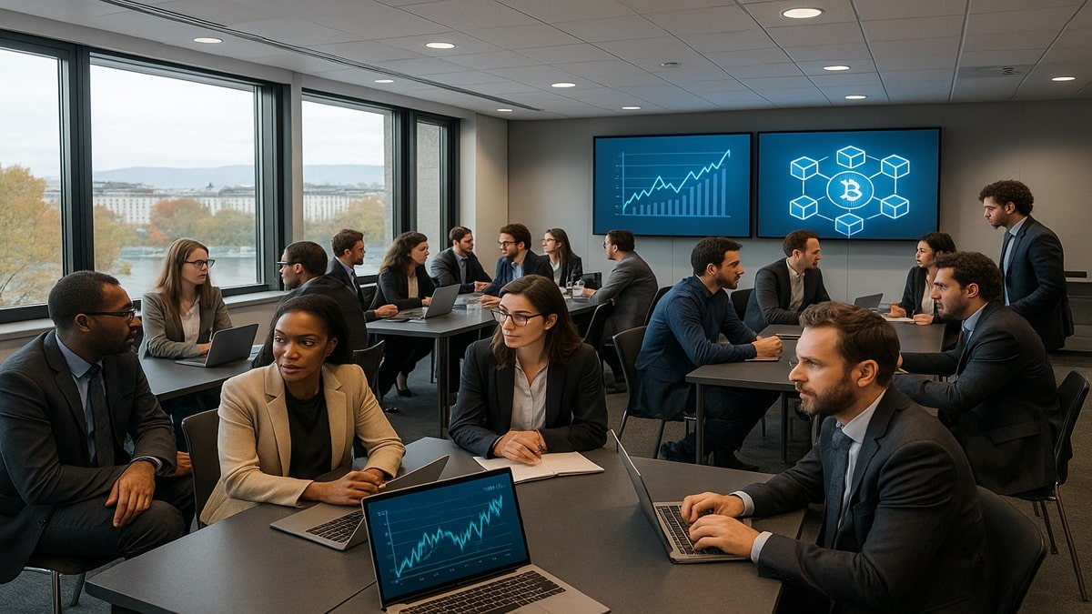 Participants au premier meet-up Ethereum à Genève en octobre 2025, avec ambiance professionnelle et discussions sur la blockchain