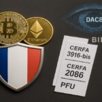 Guide de la fiscalité crypto en France (2025), illustrant le PFU à 30%, les formulaires 3916-bis et 2086, et la nouvelle surveillance DAC8.