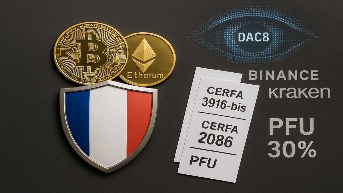 Guide de la fiscalité crypto en France (2025), illustrant le PFU à 30%, les formulaires 3916-bis et 2086, et la nouvelle surveillance DAC8.