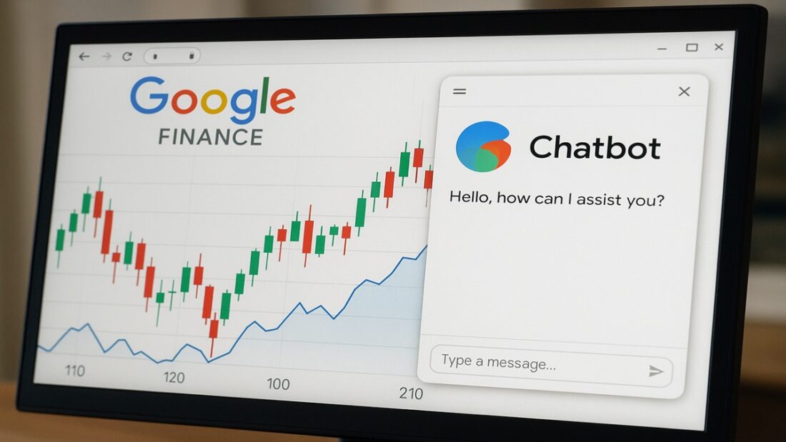 La nouvelle interface de Google Finance en 2025, montrant l'intégration de l'IA, un chatbot financier et des graphiques avancés.