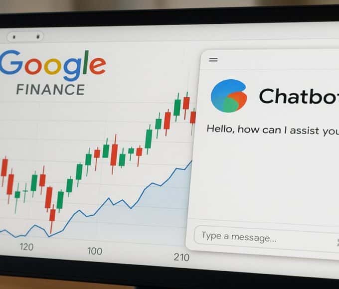 La nouvelle interface de Google Finance en 2025, montrant l'intégration de l'IA, un chatbot financier et des graphiques avancés.