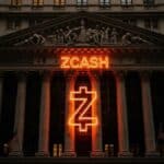 Une photo conceptuelle de la façade du NYSE (Wall Street) avec un logo Zcash (ZEC) à moitié dans l'ombre, symbolisant le dépôt de l'ETF Zcash par Grayscale en novembre 2025.