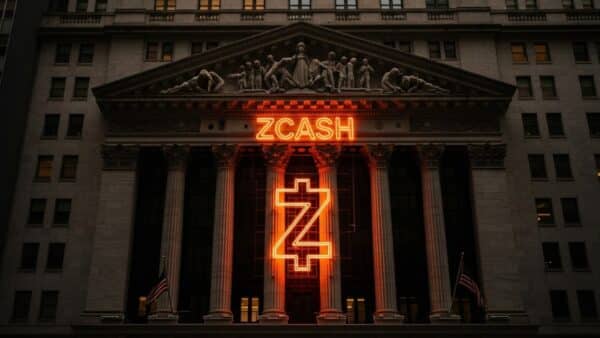 Une photo conceptuelle de la façade du NYSE (Wall Street) avec un logo Zcash (ZEC) à moitié dans l'ombre, symbolisant le dépôt de l'ETF Zcash par Grayscale en novembre 2025.