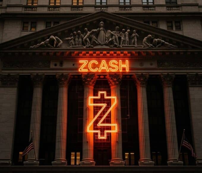 Une photo conceptuelle de la façade du NYSE (Wall Street) avec un logo Zcash (ZEC) à moitié dans l'ombre, symbolisant le dépôt de l'ETF Zcash par Grayscale en novembre 2025.