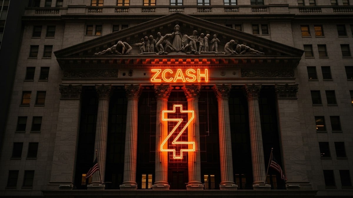 Une photo conceptuelle de la façade du NYSE (Wall Street) avec un logo Zcash (ZEC) à moitié dans l'ombre, symbolisant le dépôt de l'ETF Zcash par Grayscale en novembre 2025.