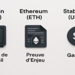 Guide complet pour comprendre les crypto-actifs : infographie comparant Bitcoin (BTC), Ethereum (ETH) et les Stablecoins (USDC) en 2025.