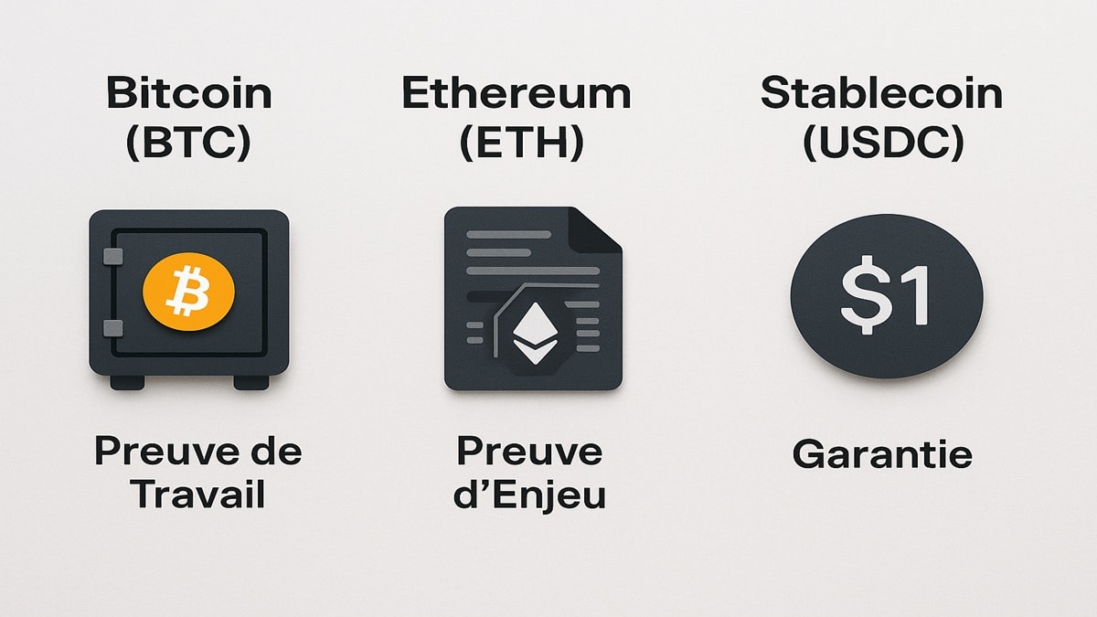 Guide complet pour comprendre les crypto-actifs : infographie comparant Bitcoin (BTC), Ethereum (ETH) et les Stablecoins (USDC) en 2025.