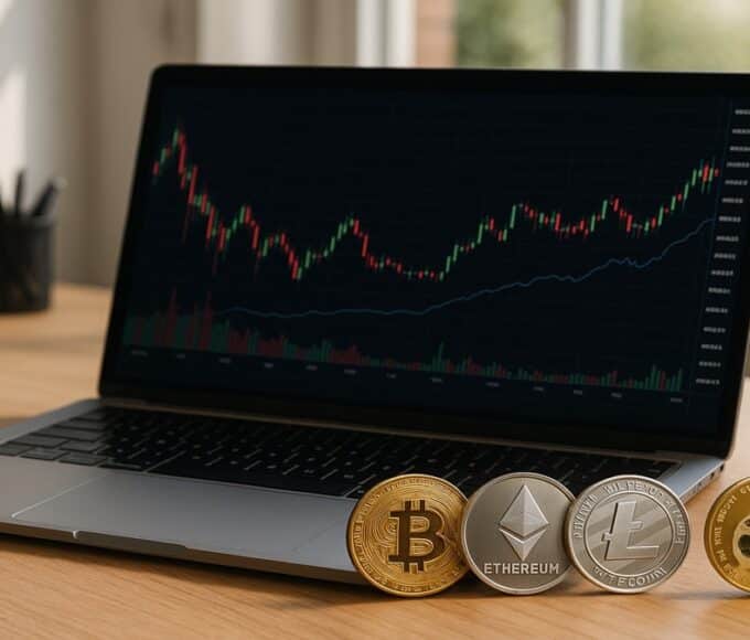 Une photo conceptuelle montrant une pièce de Bitcoin (BTC) au centre, entourée de nombreux logos d'altcoins (Ethereum, Solana, etc.), illustrant le guide des cryptomonnaies alternatives.