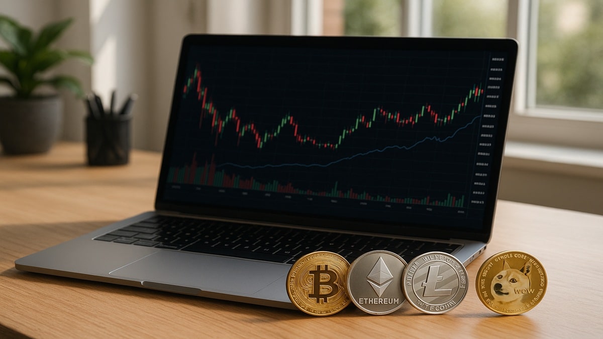 Une photo conceptuelle montrant une pièce de Bitcoin (BTC) au centre, entourée de nombreux logos d'altcoins (Ethereum, Solana, etc.), illustrant le guide des cryptomonnaies alternatives.