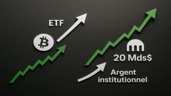 Illustration de la hausse du marché crypto, montrant la valorisation de Kraken à 20 milliards de dollars comme signe de confiance institutionnelle.