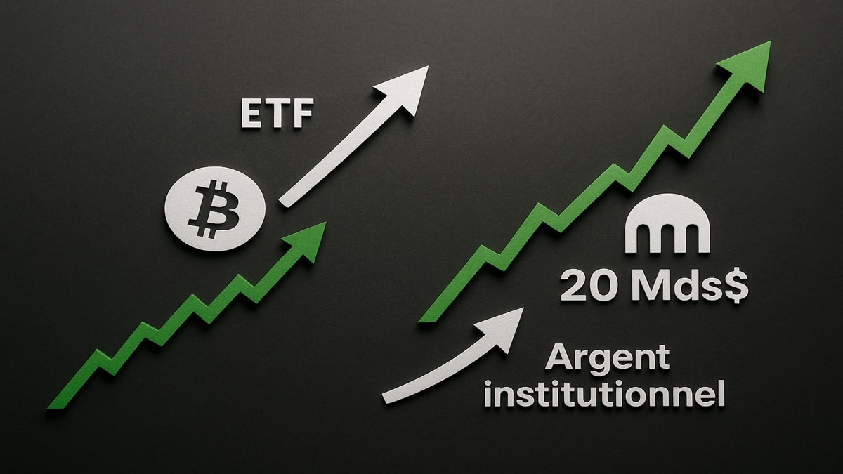 Illustration de la hausse du marché crypto, montrant la valorisation de Kraken à 20 milliards de dollars comme signe de confiance institutionnelle.