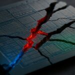 Une photo conceptuelle d'une puce de semi-conducteur IA fissurée, avec des lumières (Nvidia, Google, AMD) brillant à travers, symbolisant la fragmentation du marché en 2025.