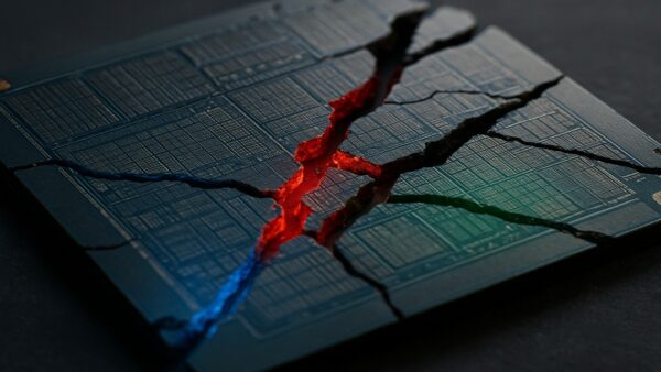 Une photo conceptuelle d'une puce de semi-conducteur IA fissurée, avec des lumières (Nvidia, Google, AMD) brillant à travers, symbolisant la fragmentation du marché en 2025.