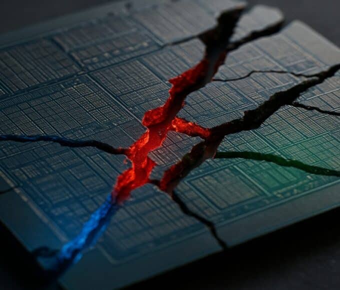 Une photo conceptuelle d'une puce de semi-conducteur IA fissurée, avec des lumières (Nvidia, Google, AMD) brillant à travers, symbolisant la fragmentation du marché en 2025.