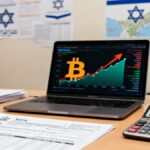 Illustration éditoriale montrant le drapeau israélien devant la Knesset avec un symbole Bitcoin et des documents fiscaux.