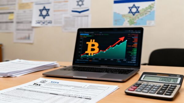 Illustration éditoriale montrant le drapeau israélien devant la Knesset avec un symbole Bitcoin et des documents fiscaux.