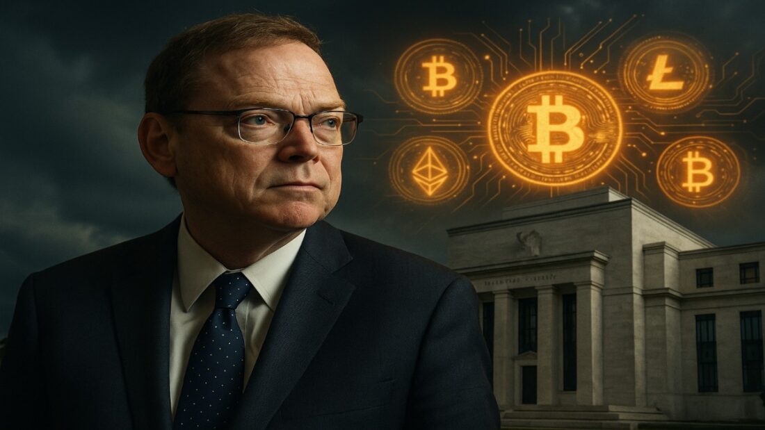 Portrait de Kevin Hassett sur un fond composite montrant le bâtiment de la Réserve Fédérale et des symboles de cryptomonnaies, illustrant sa possible nomination.