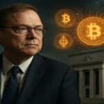 Portrait de Kevin Hassett sur un fond composite montrant le bâtiment de la Réserve Fédérale et des symboles de cryptomonnaies, illustrant sa possible nomination.