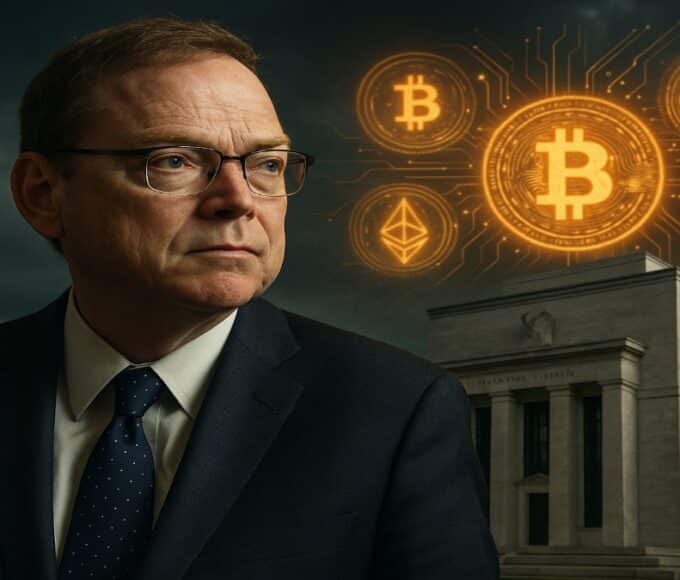 Portrait de Kevin Hassett sur un fond composite montrant le bâtiment de la Réserve Fédérale et des symboles de cryptomonnaies, illustrant sa possible nomination.