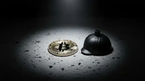 Une photo conceptuelle montrant une pièce de Bitcoin à côté d'une cagoule noire sur du béton, symbolisant la vague de kidnappings crypto pour rançon en France en 2025.