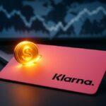 Une photo conceptuelle de la carte de crédit rose Klarna, dont la puce est remplacée par un stablecoin (cryptomonnaie), symbolisant le lancement de KlarnaUSD pour les paiements en novembre 2025.