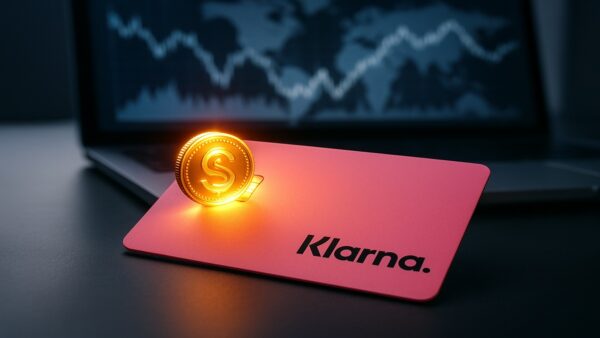 Une photo conceptuelle de la carte de crédit rose Klarna, dont la puce est remplacée par un stablecoin (cryptomonnaie), symbolisant le lancement de KlarnaUSD pour les paiements en novembre 2025.