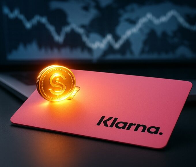 Une photo conceptuelle de la carte de crédit rose Klarna, dont la puce est remplacée par un stablecoin (cryptomonnaie), symbolisant le lancement de KlarnaUSD pour les paiements en novembre 2025.
