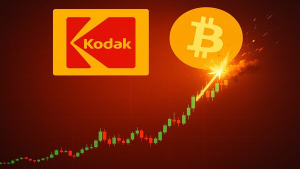 Graphique boursier explosif montrant la flambée des actions Kodak, avec un symbole Bitcoin en arrière-plan pour illustrer la volatilité des marchés.