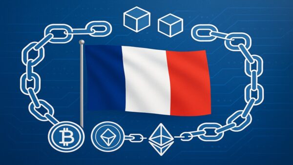 Illustration éditoriale montrant le drapeau français avec des symboles blockchain et crypto.