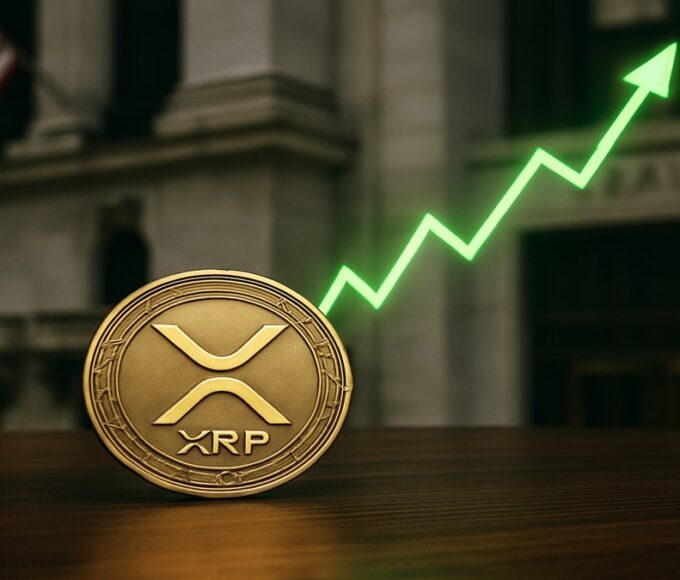 Un logo XRP devant un bâtiment boursier, symbolisant le lancement des ETF spot et la hausse du prix.
