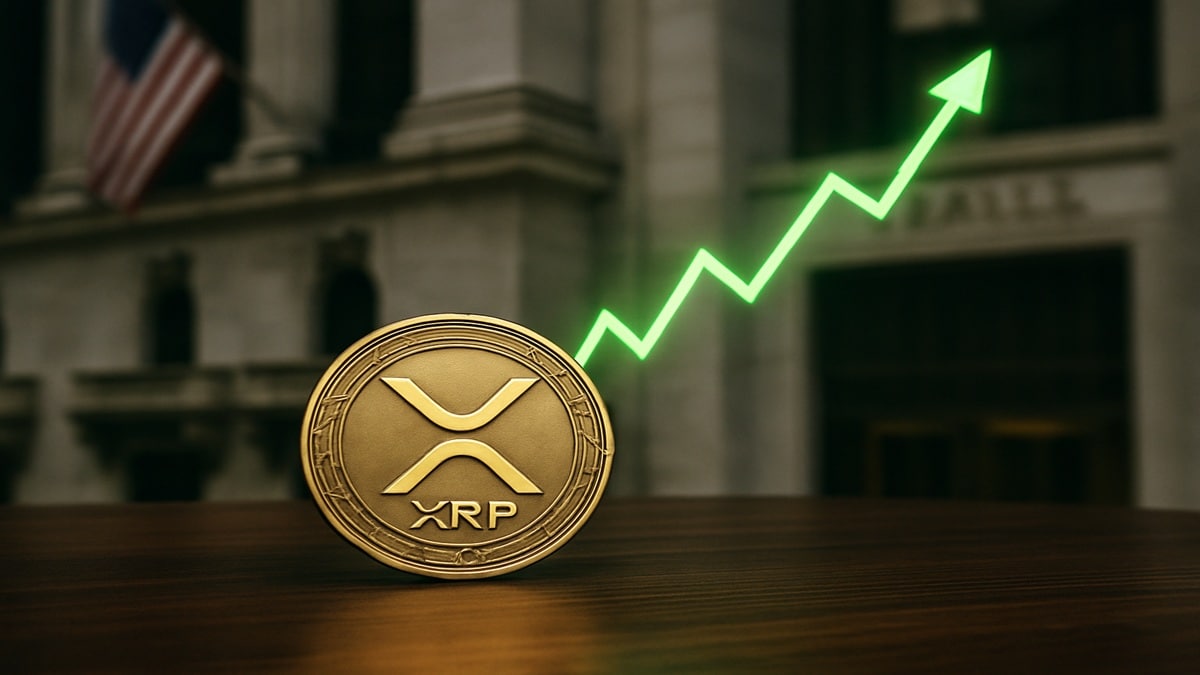 Un logo XRP devant un bâtiment boursier, symbolisant le lancement des ETF spot et la hausse du prix.