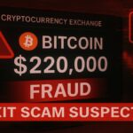 Illustration éditoriale montrant un logo Bitcoin avec un panneau d’avertissement rouge et un écran d’échange crypto affichant un prix anormalement élevé.