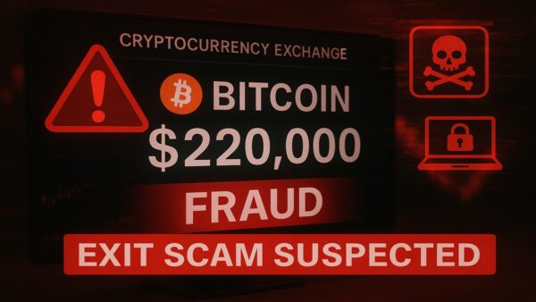 Illustration éditoriale montrant un logo Bitcoin avec un panneau d’avertissement rouge et un écran d’échange crypto affichant un prix anormalement élevé.