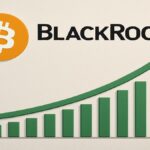 Illustration d’un graphique haussier avec logo BlackRock et symbole Bitcoin
