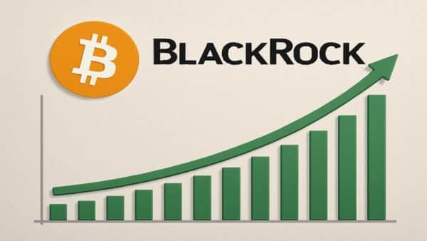 Illustration d’un graphique haussier avec logo BlackRock et symbole Bitcoin