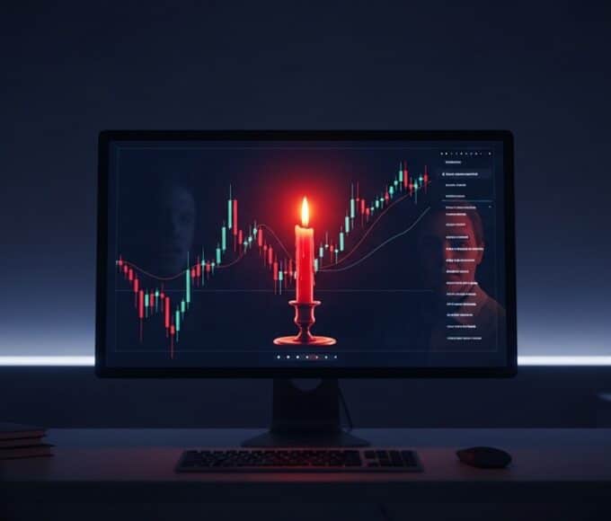 Un investisseur analysant un graphique de marché crypto en baisse (bear market) pour comprendre le cycle.