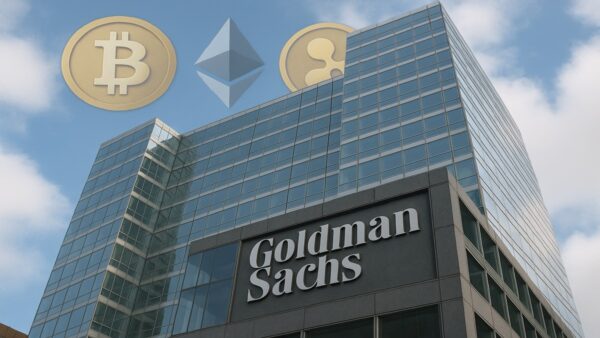 Illustration d’un bâtiment Goldman Sachs avec symboles de cryptomonnaies en arrière-plan