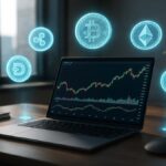 Ordinateur portable affichant des graphiques financiers et hologrammes de cryptomonnaies, ambiance moderne et réaliste