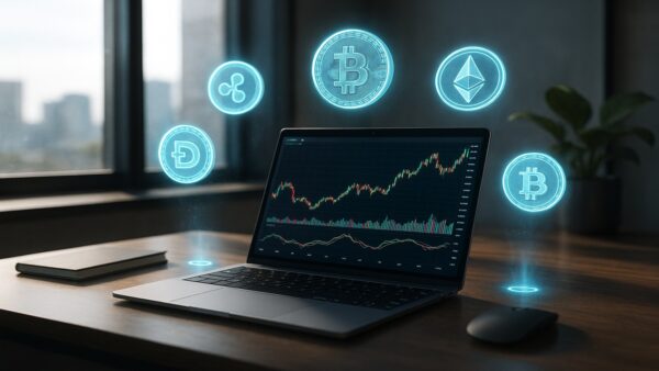 Ordinateur portable affichant des graphiques financiers et hologrammes de cryptomonnaies, ambiance moderne et réaliste