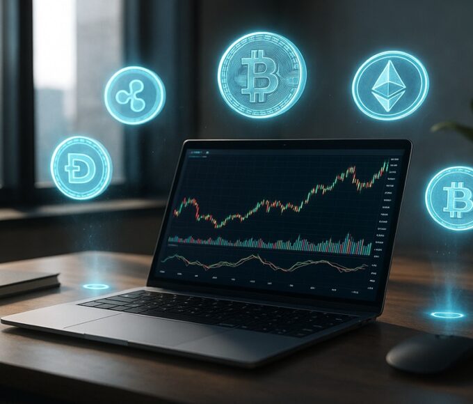 Ordinateur portable affichant des graphiques financiers et hologrammes de cryptomonnaies, ambiance moderne et réaliste