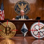 Illustration éditoriale montrant les logos XRP et Ethereum devant le sceau de la SEC américaine.