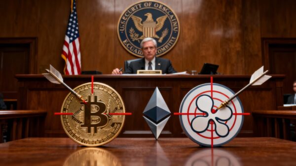 Illustration éditoriale montrant les logos XRP et Ethereum devant le sceau de la SEC américaine.