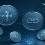 Illustration éditoriale montrant plusieurs pièces numériques stylisées (Bitcoin, Ethereum, altcoins) flottant au-dessus d’un fond technologique avec circuits et symboles blockchain, représentant l’émergence des nouvelles crypto-monnaies.