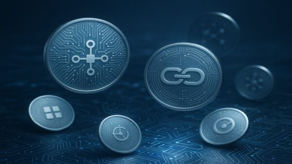 Illustration éditoriale montrant plusieurs pièces numériques stylisées (Bitcoin, Ethereum, altcoins) flottant au-dessus d’un fond technologique avec circuits et symboles blockchain, représentant l’émergence des nouvelles crypto-monnaies.