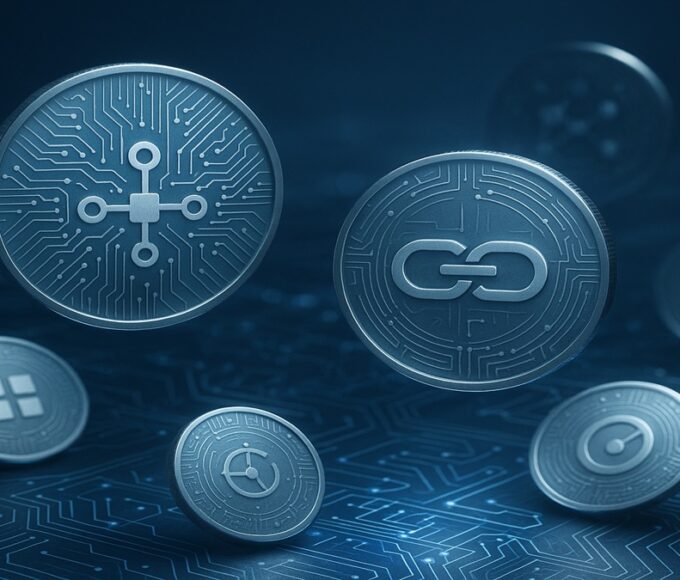 Illustration éditoriale montrant plusieurs pièces numériques stylisées (Bitcoin, Ethereum, altcoins) flottant au-dessus d’un fond technologique avec circuits et symboles blockchain, représentant l’émergence des nouvelles crypto-monnaies.