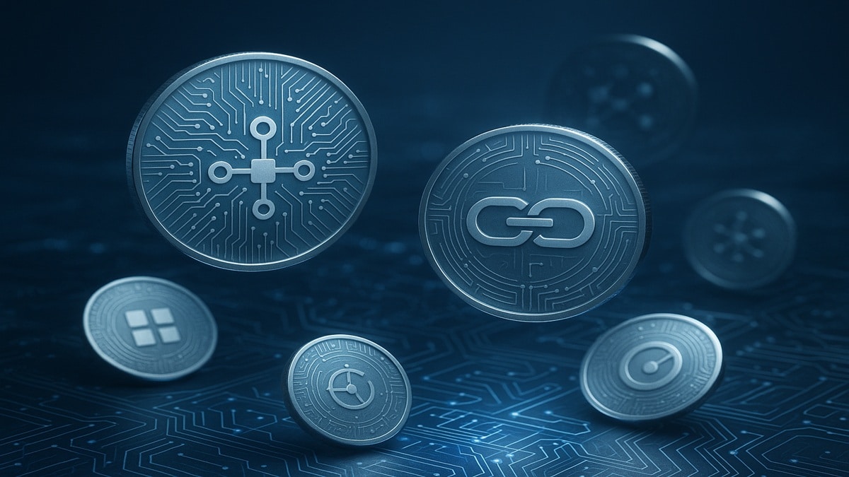 Illustration éditoriale montrant plusieurs pièces numériques stylisées (Bitcoin, Ethereum, altcoins) flottant au-dessus d’un fond technologique avec circuits et symboles blockchain, représentant l’émergence des nouvelles crypto-monnaies.