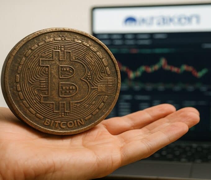 Une photo conceptuelle d'une main tenant une très vieille pièce de Bitcoin (BTC), symbolisant la vente des 11 000 BTC d'Owen Gunden après 14 ans de HODL, transférés vers Kraken en novembre 2025.