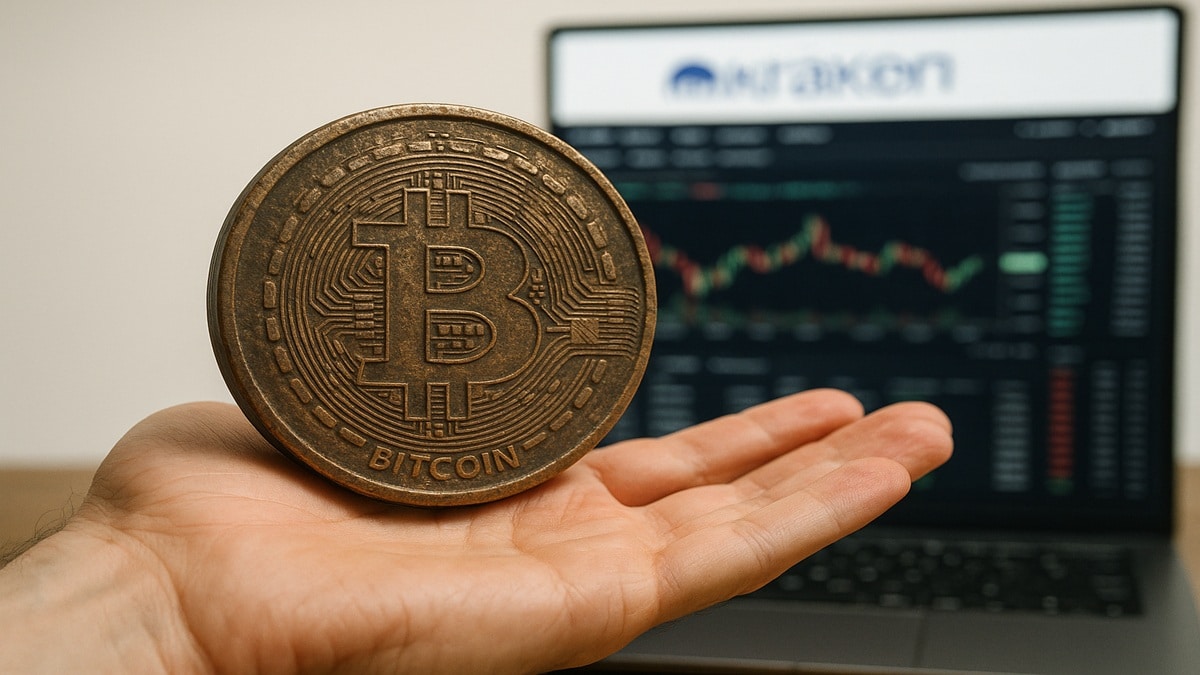 Une photo conceptuelle d'une main tenant une très vieille pièce de Bitcoin (BTC), symbolisant la vente des 11 000 BTC d'Owen Gunden après 14 ans de HODL, transférés vers Kraken en novembre 2025.