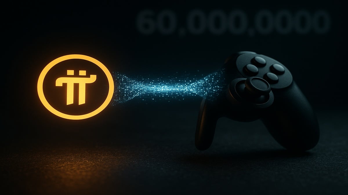 Une photo conceptuelle montrant le logo de Pi Network connecté à un joystick, symbolisant le partenariat avec CiDi Games et les 60 millions d'utilisateurs annoncés en novembre 2025.